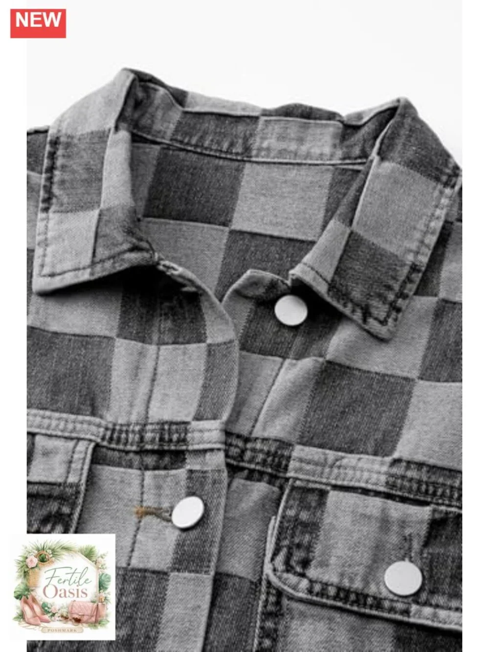 Womens Long Sleeve Button Down Denim Jacket Shacket Checkered Patchwork Cotton